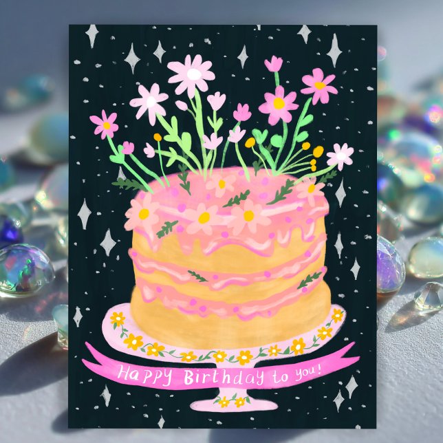 Cartão Postal Bolo Divertido de Aniversário com Flores Rosa Goua (Happy Birthday Fun Cake with Pink Flowers Gouache Postcard
)