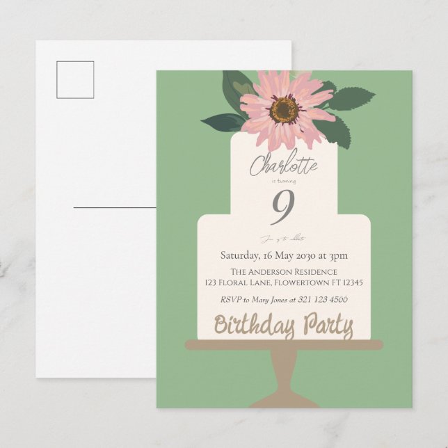 Cartão Postal Bolo Floral Rosa Festa de Aniversário  (Frente/Verso)