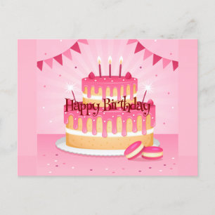 Cartão Postal Bolo Rosa de Aniversário Feliz