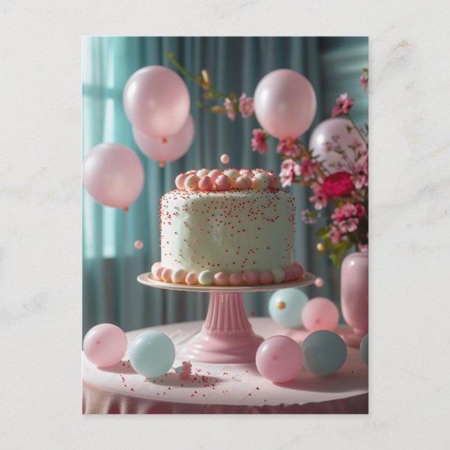 Cartão Postal Bolo Rosa E Balões (Frente)