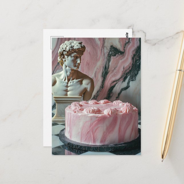 Cartão Postal Bolo rosa e uma Estátua Marble (Frente/Verso In Situ)