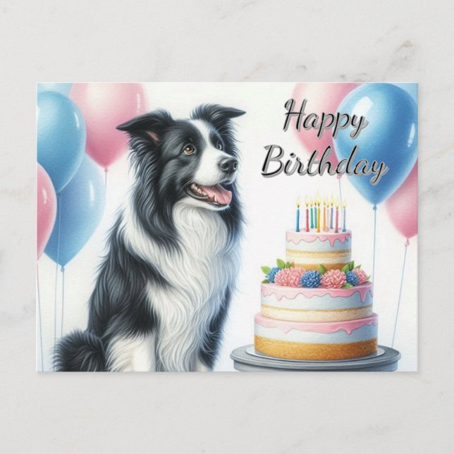 Cartão Postal Bolos De Aniversário Balões Borda Collie (Frente)