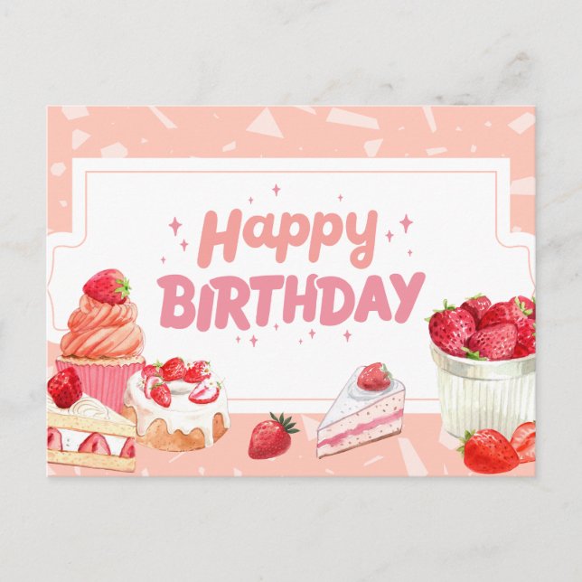 Cartão Postal Bolos de Frutas de Morango Aquarela de Aniversário (Frente)