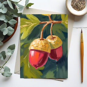 Cartão Postal Bolotas de Outono   Aquarela Outono Vermelho Verde