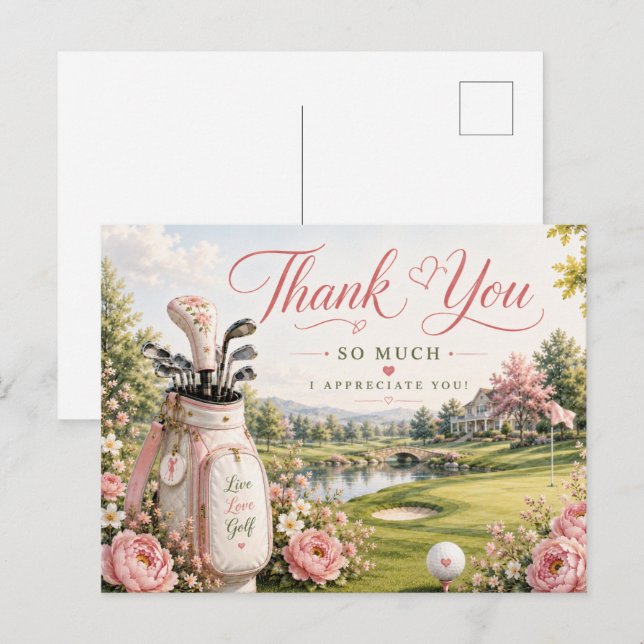 Cartão Postal Bolsa de Golfe no Campo de Golfe com Flores (Frente/Verso)