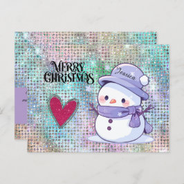 Cartão Postal Bom Natal Pastel Snowman Glitter Heart