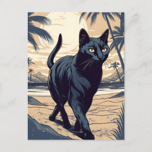 Cartão Postal Bombaim-Cat numa praia tropical durante o pôr do s