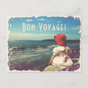 Cartão Postal Bon Voyage Vintage Card com uma garota e o mar