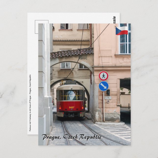 Cartão Postal Bonde vermelho na cidade velha de Praga - Repúblic (Frente/Verso)