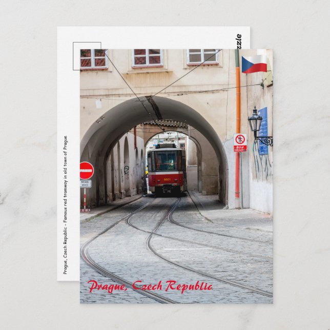 Cartão Postal Bonde vermelho na cidade velha de Praga - Repúblic (Frente/Verso)