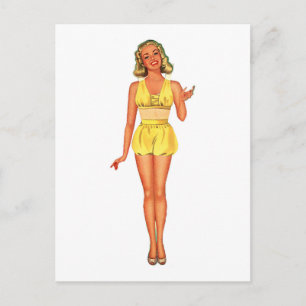 Cartão Postal Boneca de papel retrô senhora vestida de amarelo