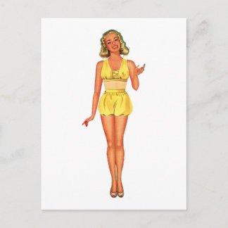 Cartão Postal Boneca de papel retrô senhora vestida de amarelo