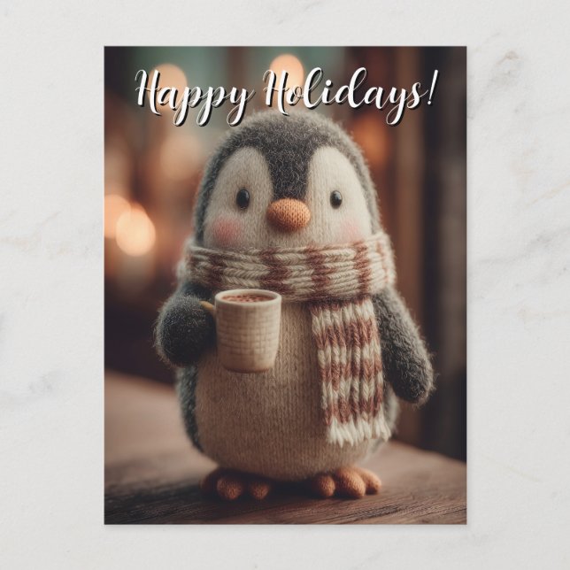 Cartão Postal Boneca de Pinguim Tecida Fofa com Cachecol Seguran (Frente)