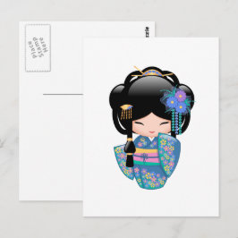 Cartão Postal Boneca Keiko Kokeshi - Rapariga Kimono Geisha Azul