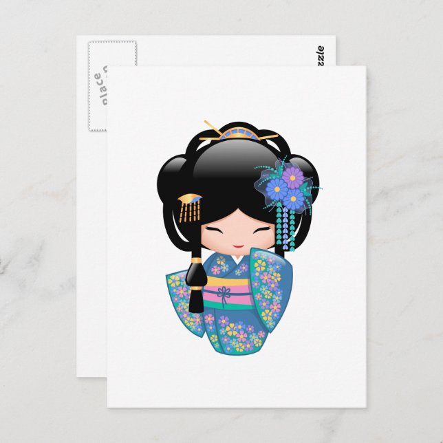 Cartão Postal Boneca Keiko Kokeshi - Rapariga Kimono Geisha Azul (Frente/Verso)