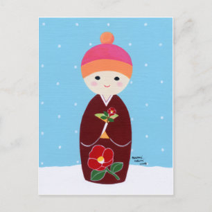 Cartão Postal Boneca Kokeshi com Camellia