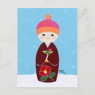 Cartão Postal Boneca Kokeshi com Camellia