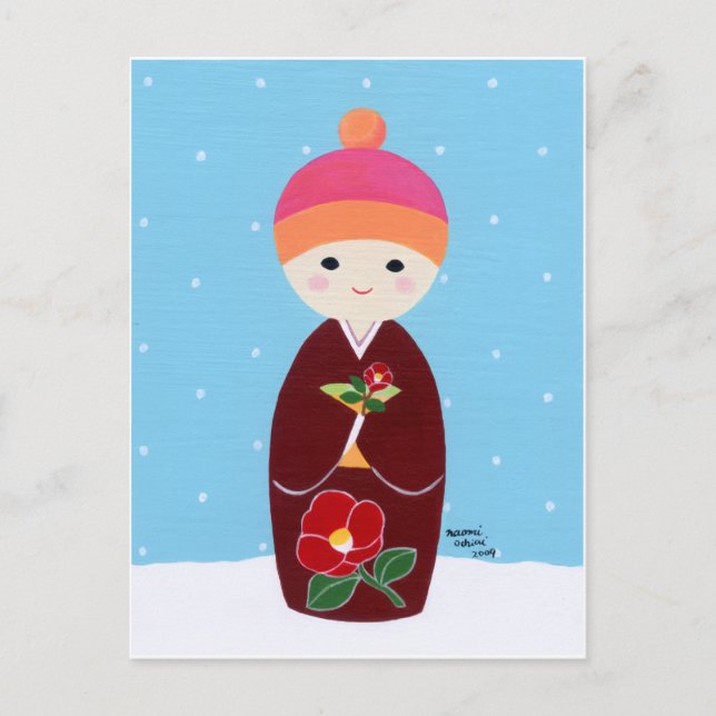 Cartão Postal Boneca Kokeshi com Camellia (Frente)