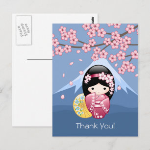 Cartão Postal Boneca Kokeshi da Primavera - Geisha Japonesa Fofa