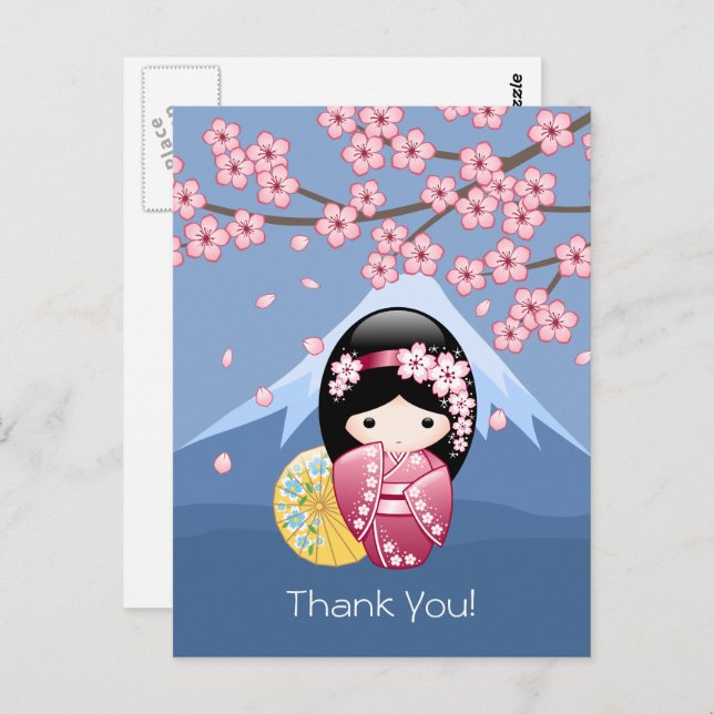 Cartão Postal Boneca Kokeshi da Primavera - Geisha Japonesa Fofa (Frente/Verso)