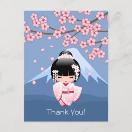 Cartão Postal Boneca Kokeshi de Kimono Branco - Fofa Geisha Obri