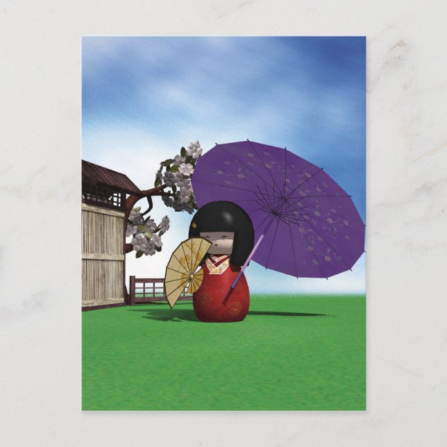 Cartão Postal Boneca Kokeshi Japonesa Arte de Flor de Cerejeira (Frente)