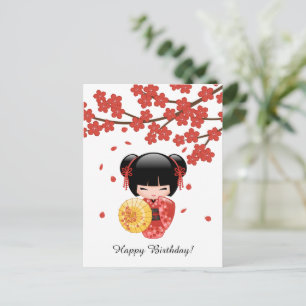 Cartão Postal Boneca Kokeshi Sakura Vermelha, Aniversário de Gei