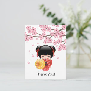 Cartão Postal Boneca Kokeshi Sakura Vermelha - Geisha Fofo Obrig