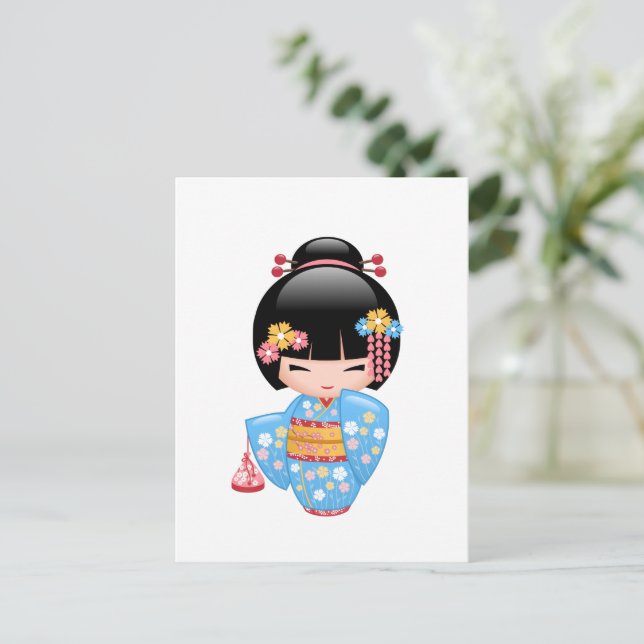 Cartão Postal Boneca Maiko Kokeshi - Garota Geisha Fofa (Em pé/Frente)