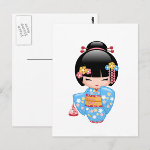 Cartão Postal Boneca Maiko Kokeshi - Garota Geisha Fofa