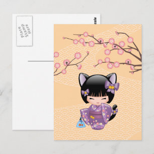 Cartão Postal Boneca Neko Kokeshi - Garota Geisha com Orelhas de