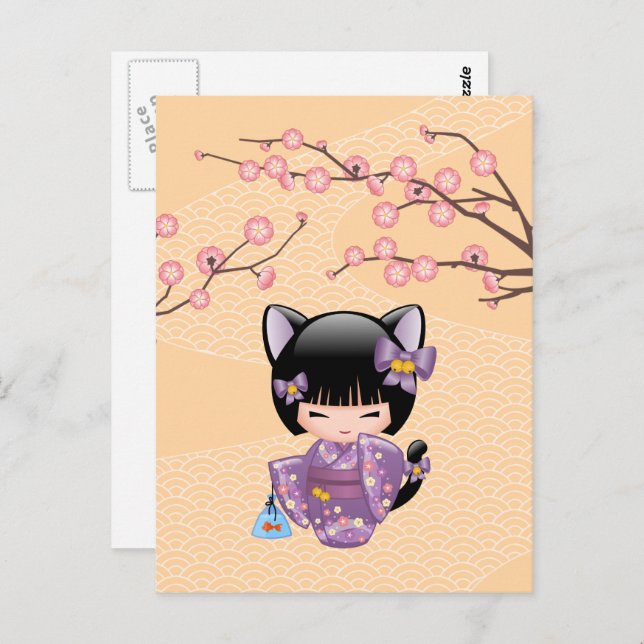 Cartão Postal Boneca Neko Kokeshi - Garota Geisha com Orelhas de (Frente/Verso)