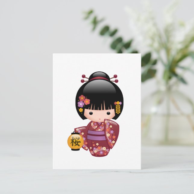 Cartão Postal Boneca Sakura Kokeshi - Garota Gisha Bonita (Em pé/Frente)