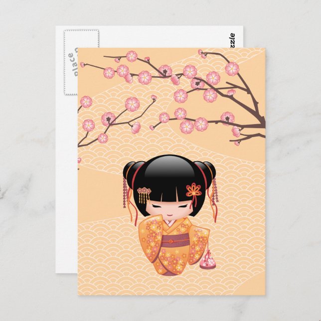Cartão Postal Boneca Ume Kokeshi - Garota Geisha do Pêssego Japo (Frente/Verso)