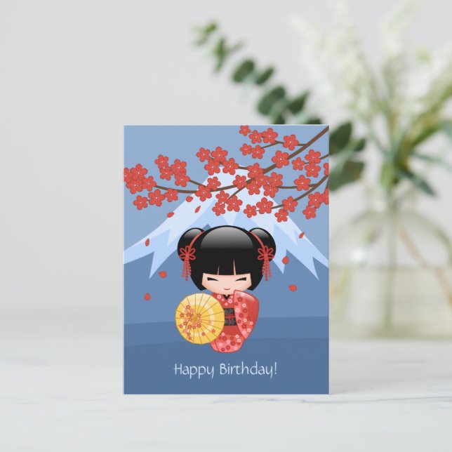 Cartão Postal Boneca Vermelha Sakura Kokeshi, Aniversário Geisha (Em pé/Frente)