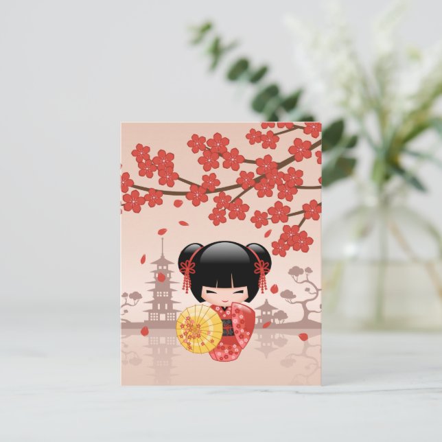 Cartão Postal Boneca Vermelha Sakura Kokeshi - Gésia Japonesa (Em pé/Frente)