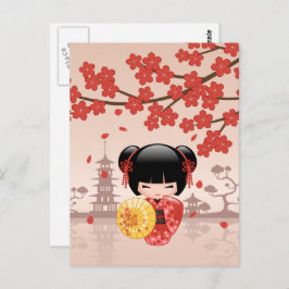 Cartão Postal Boneca Vermelha Sakura Kokeshi - Gésia Japonesa