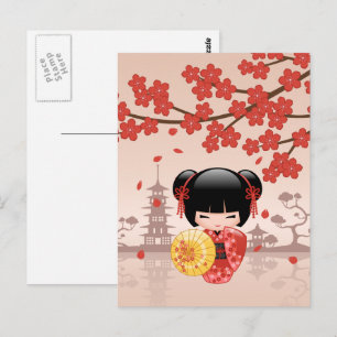 Cartão Postal Boneca Vermelha Sakura Kokeshi - Gésia Japonesa