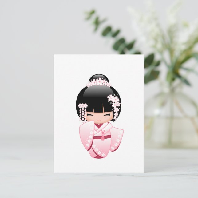 Cartão Postal Boneca White Kimono Kokeshi - Garota Gisha Bonita (Em pé/Frente)