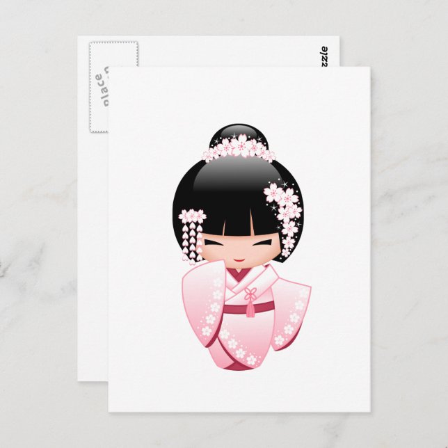Cartão Postal Boneca White Kimono Kokeshi - Garota Gisha Bonita (Frente/Verso)