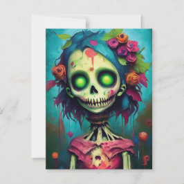 Cartão Postal Boneca Zombie Floral com olhos verdes