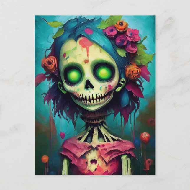 Cartão Postal Boneca Zombie Floral com olhos verdes (Frente)