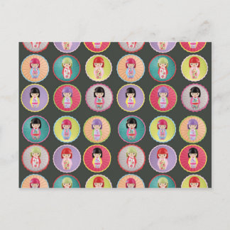 Cartão Postal Bonecas Kokeshi coloridas