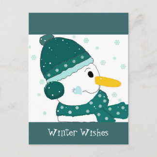 Cartão Postal Boneco de Neve com Chapéu Verde Turquesa e Cacheco