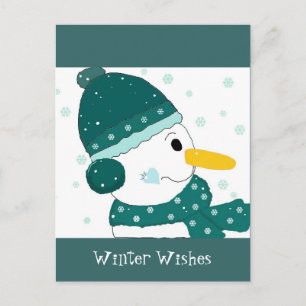 Cartão Postal Boneco de Neve com Chapéu Verde Turquesa e Cacheco