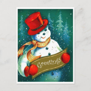 Cartão Postal Boneco de neve com o chapéu vermelho do cilindro,