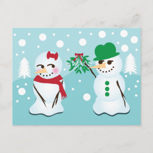 Cartão Postal Boneco de neve com o visco que quer um beijo