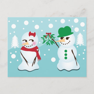 Cartão Postal Boneco de neve com o visco que quer um beijo