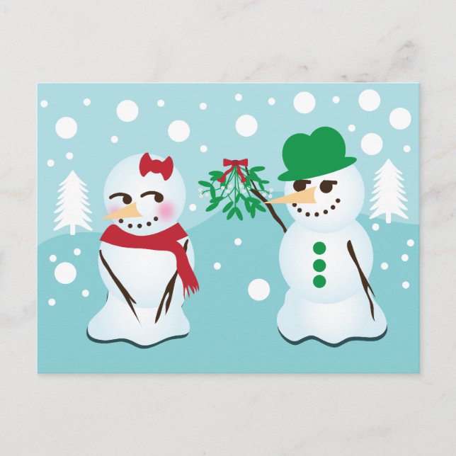 Cartão Postal Boneco de neve com o visco que quer um beijo (Frente)