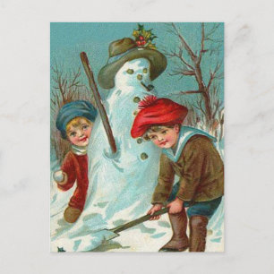 Cartão Postal Boneco de Neve Crianças Neve Azevinho